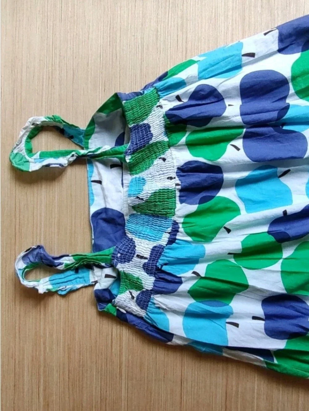 Mini Boden Girls Dress White Blue Green Ruffle Straps Apple Zip Pockets 13 14 Y